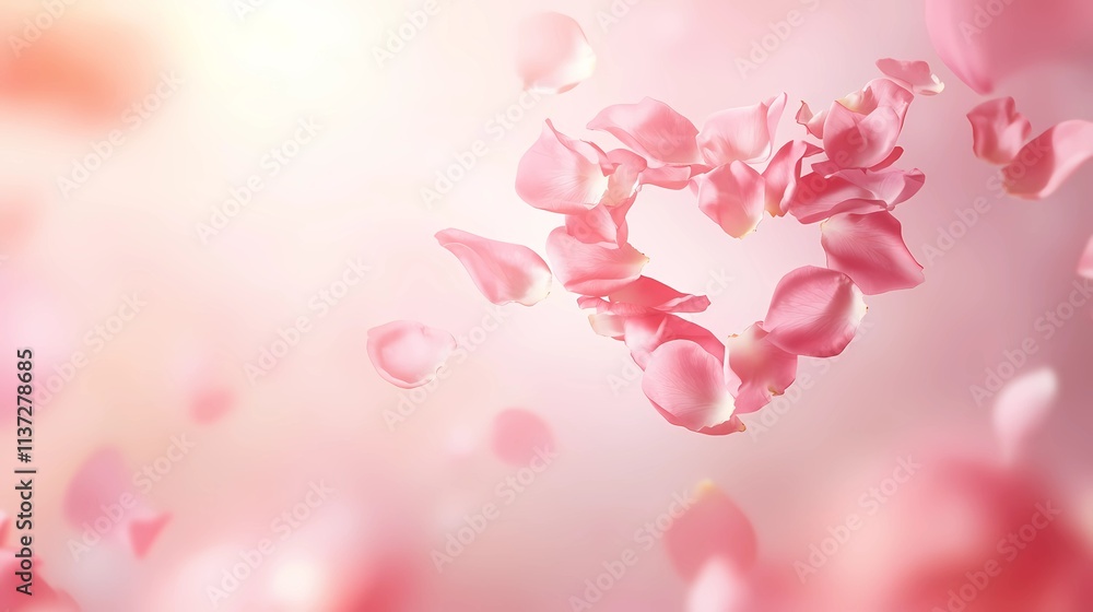 Falling Rose Petals Create a Heart Shape Against a Pastel Pink Backdrop Symbolizing Love Falling Rose Petals Create a Heart Shape Against a Pastel Pink Backdrop Symbolizing Love