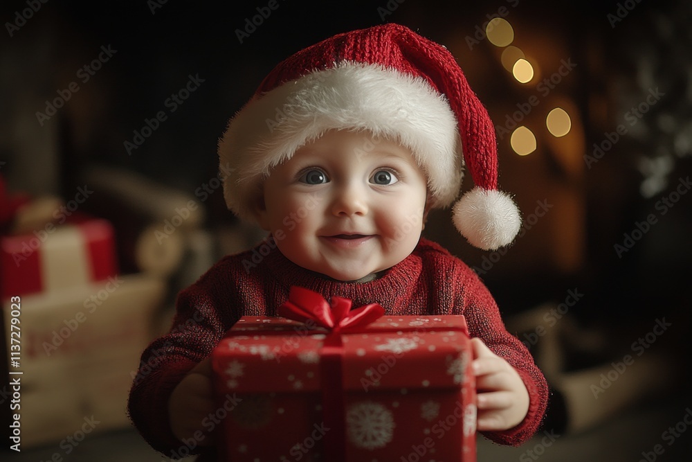 Festive season ad campaign concept art visual for poster and online marketing use. Child boy joyful in a red red hat, with surprise box. Gift box decor. Holiday gift ad. Christmas decoration. Festive season ad campaign concept art visual for poster and online marketing use. Child boy joyful in a red red hat, with surprise box. Gift box decor. Holiday gift ad. Christmas decoration.