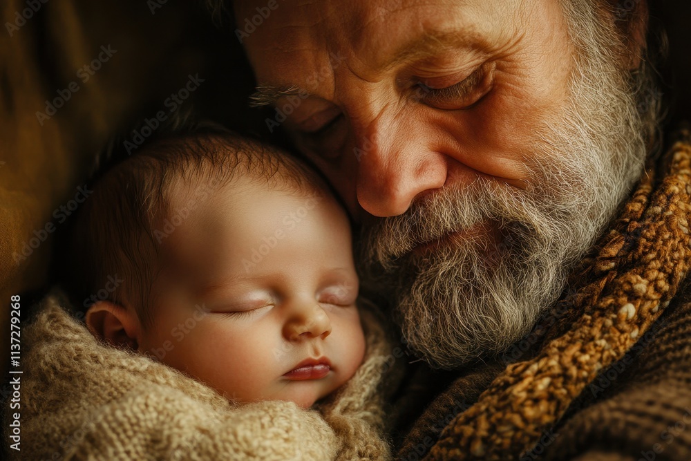 Grandpa lovingly cradles sleeping baby. Perfect for family, love, and generational themes. Grandpa lovingly cradles sleeping baby. Perfect for family, love, and generational themes.