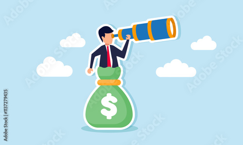 A businessman peers through a bag of dollar bills, illustration of observing and analyzing a company's financial condition
