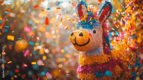 colorful and playful donkey piñata hanging against a blurred background with falling confetti, symbolizing joy, celebration, and cultural traditions during Las Posadas, a festive Hispanic holiday photo