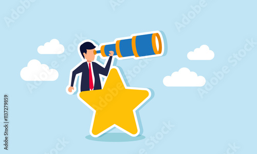 A businessman peers through a star, illustration of observing and analyzing strategies to improve business ratings and quality