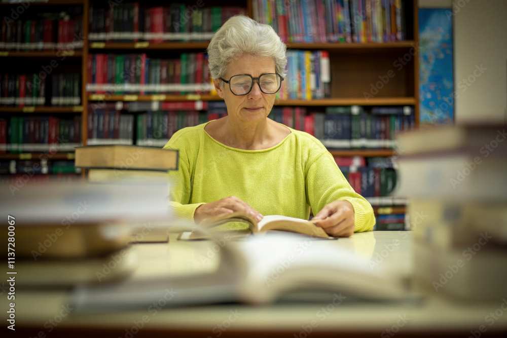 Elder woman sitting enjoys reading book in quiet of the library appears focused and content books with the idea of self-growth and discovery at any stage of life. Elder woman sitting enjoys reading book in quiet of the library appears focused and content books with the idea of self-growth and discovery at any stage of life.