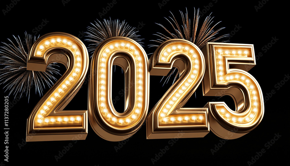3D Golden Text 2025 with Lights on Black Background 3D Golden Text 2025 with Lights on Black Background