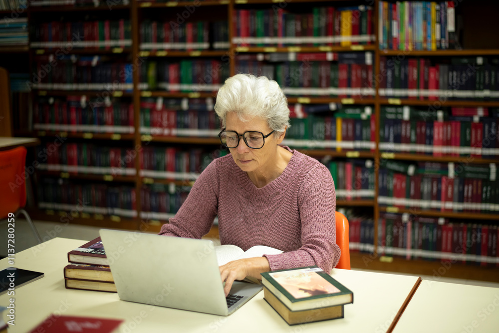 Elderly woman sitting in a library, combining traditional and modern approaches to learning or research by book and laptop computer sense of purpose dedication to personal grown concept. Elderly woman sitting in a library, combining traditional and modern approaches to learning or research by book and laptop computer sense of purpose dedication to personal grown concept.