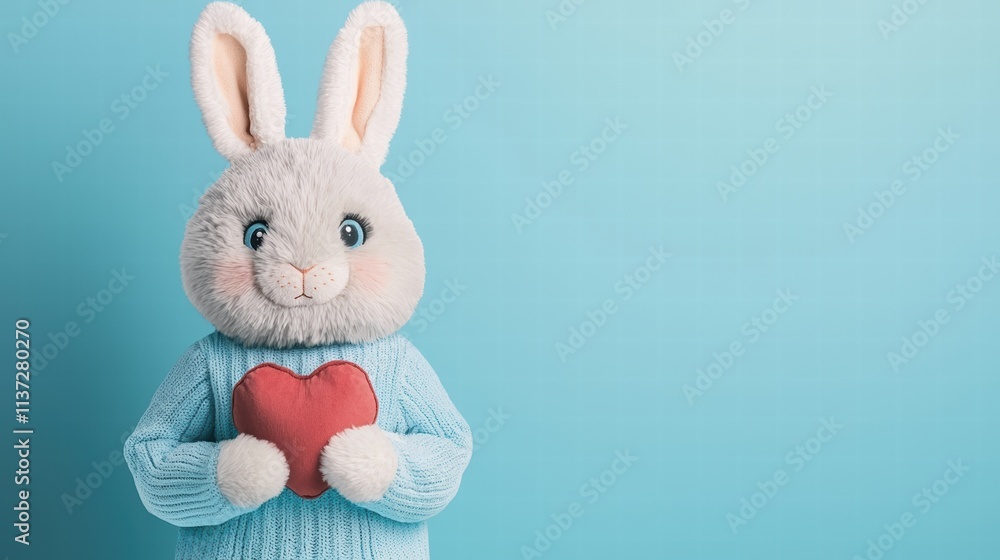 Fototapeta premium Valentine's day bunny holding heart soft blue background cute animal image playful environment whimsical viewpoint love concept