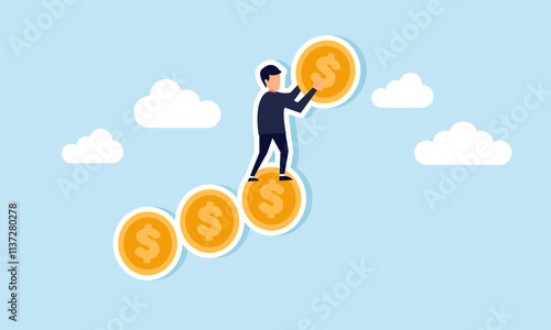 A businessman arranges a row of dollar coins like stairs, illustration of step-by-step arranging and managing company business finances