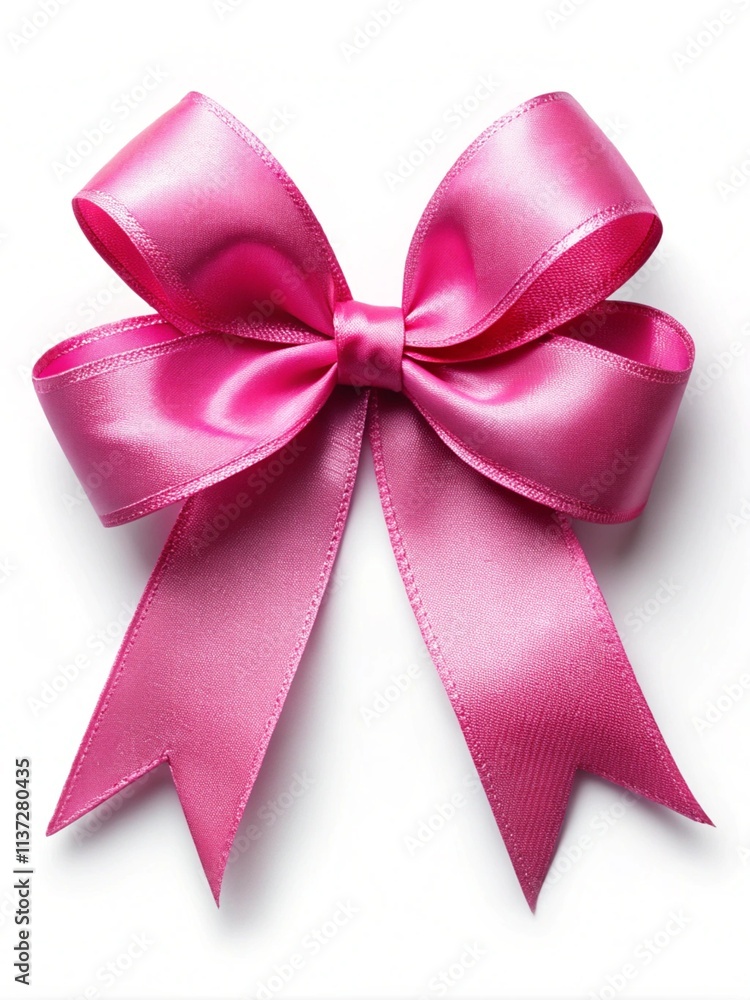 Pink ribbon tied into a perfect bow with shadow on isolated white background for your design. Pink ribbon tied into a perfect bow with shadow on isolated white background for your design.