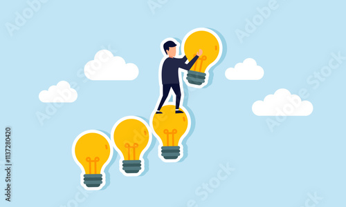 A businessman arranges a row of lamps like stairs, illustration of step-by-step improvement in refining business ideas and innovations