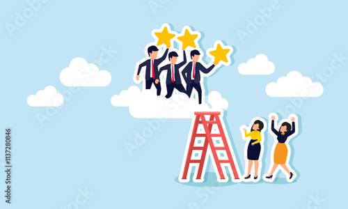 Several businesswomen observe businessmen above the clouds using ladders carrying stars, illustration of observing and analyzing business mentors in improving ratings and quality