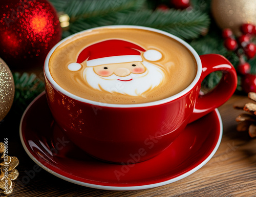 A Cup of Coffee with Latte Art in the Shape of Christmas Tree