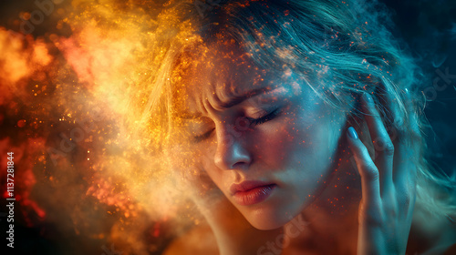 Intense Emotional Pain, A Woman's Inner Turmoil Shown with Vivid Colors and Light Effects, Expressing Deep Suffering and Distress.