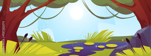 Forest swamp sunset landscape, summer pond reeds, trees, sky with clouds, forest river marsh cartoon game background