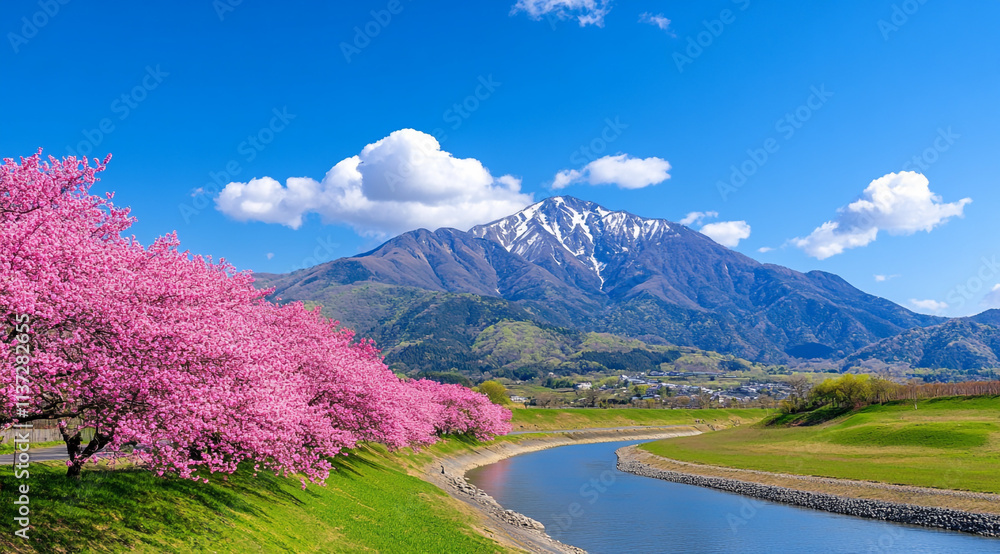 Naklejka premium Beautiful Cherry Blossoms in Full Bloom Along the Banks