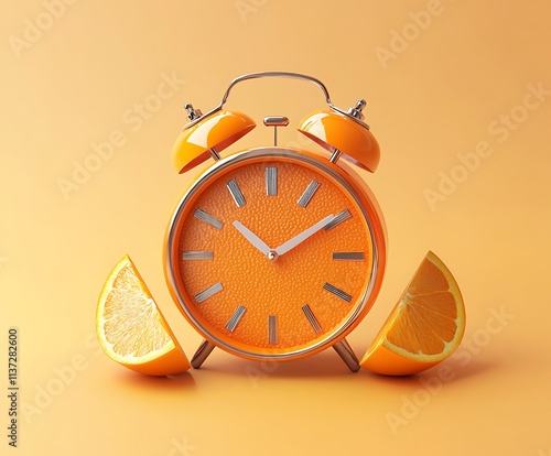 A yellow alarm clock on a yellow background. photo