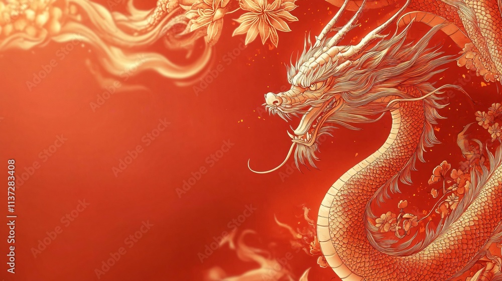 Stylized dragon illustration in vibrant red, perfect for Year of the Snake celebrations, art prints, or themed event promotions. Features intricate line work and floral elements. Stylized dragon illustration in vibrant red, perfect for Year of the Snake celebrations, art prints, or themed event promotions. Features intricate line work and floral elements.