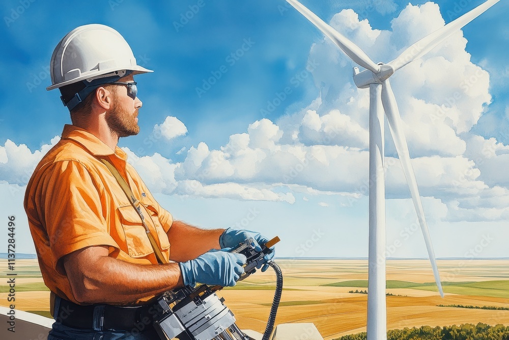 A technician inspects a wind turbine, wearing safety gear, under a bright blue sky with scattered clouds, showcasing renewable energy and maintenance work. A technician inspects a wind turbine, wearing safety gear, under a bright blue sky with scattered clouds, showcasing renewable energy and maintenance work.
