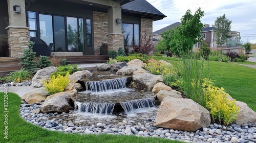 A front lawn with a unique water feature combining a fountain and a rock garden