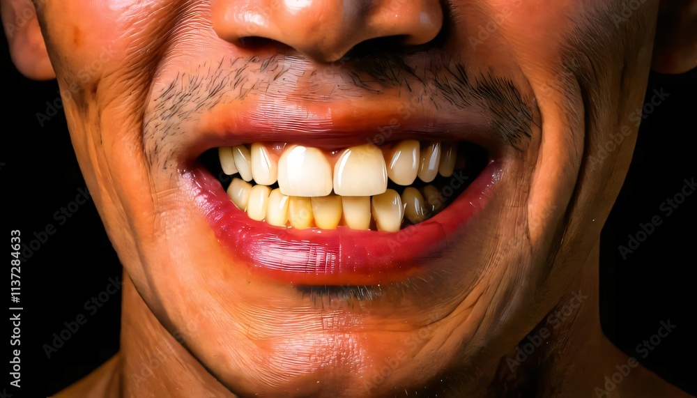 extreme close-up of stained teeth and discolored gums caused by prolonged smoking and poor dental hygiene
extreme close-up of stained teeth and discolored gums caused by prolonged smoking and poor dental hygiene