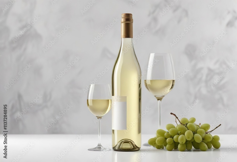 Fototapeta premium Shiny white wine bottle and glass on white background, closeup, collection