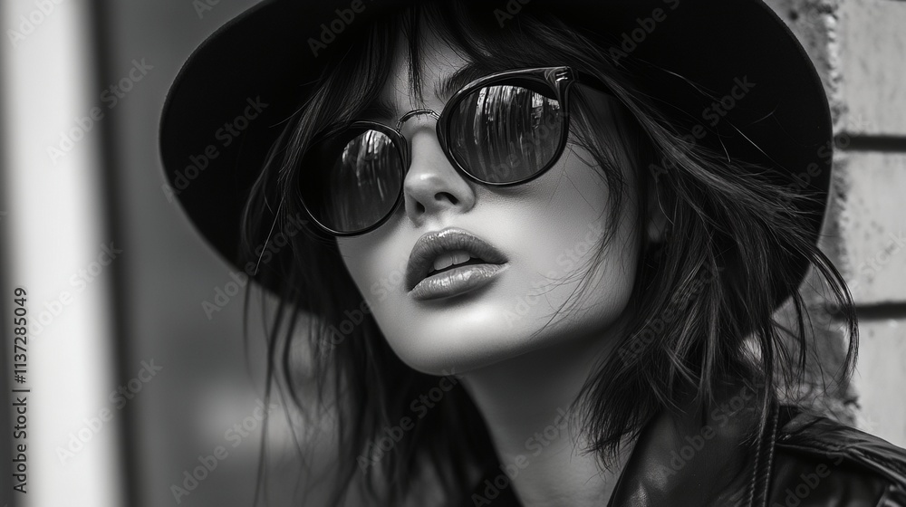 A woman wearing a black hat and sunglasses is standing in front of a brick wall A woman wearing a black hat and sunglasses is standing in front of a brick wall