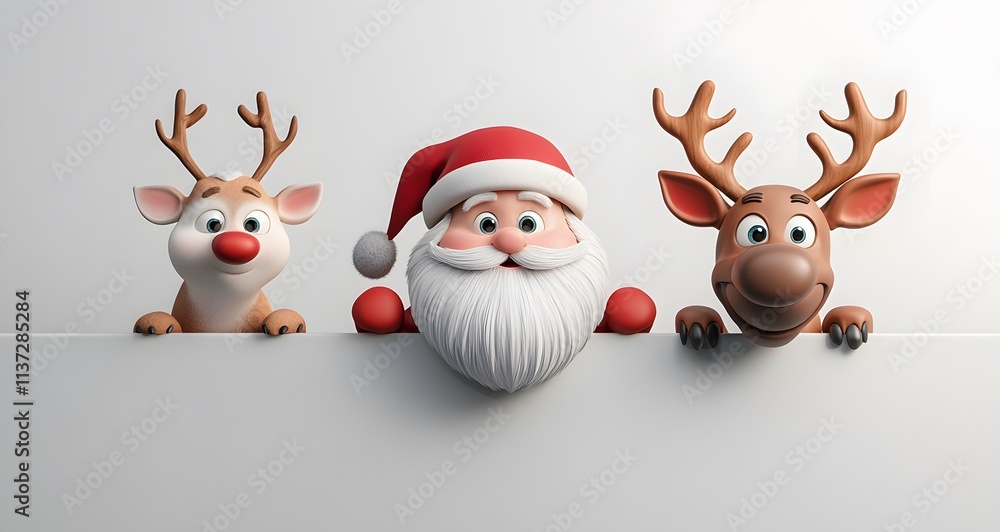 Santa Claus and Two Reindeer Peek Over a White Wall Santa Claus and Two Reindeer Peek Over a White Wall