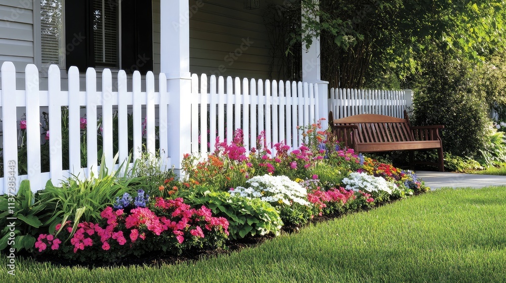 Fototapeta premium A front lawn with a white picket fence, colorful flower beds, and a cozy wooden bench in the corner