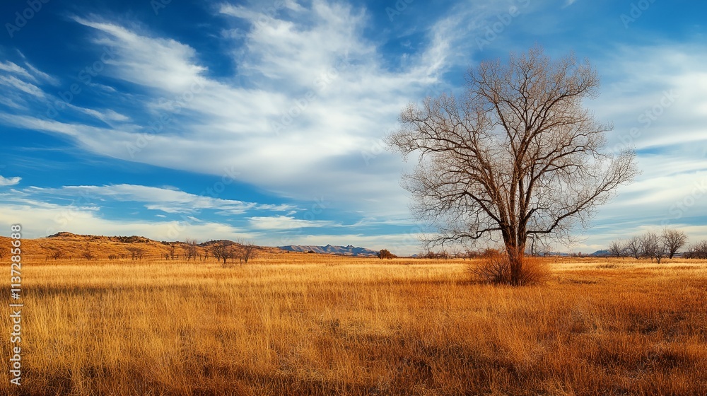 A tree stands alone in a field of tall grass. The sky is clear and blue, with a few clouds scattered throughout. The scene is peaceful and serene, with the tree providing a sense of stability A tree stands alone in a field of tall grass. The sky is clear and blue, with a few clouds scattered throughout. The scene is peaceful and serene, with the tree providing a sense of stability