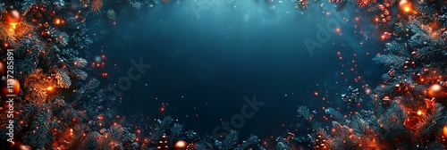 A blue background with a wreath of Christmas trees and snowflakes