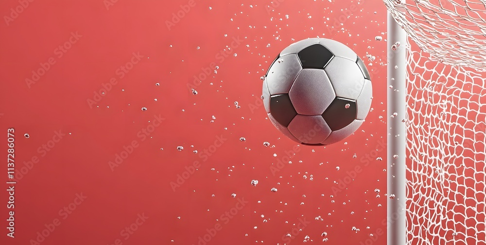 Fototapeta premium Soccer Ball Entering Goal Net With Water Splashes