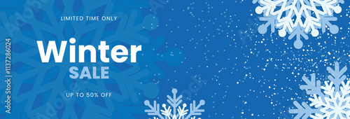 Winter sale banner template with snowflakes. Seasonal sales promotion background. Vector illustration