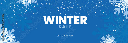 Winter sale banner template with snowflakes. Seasonal sales promotion background. Vector illustration