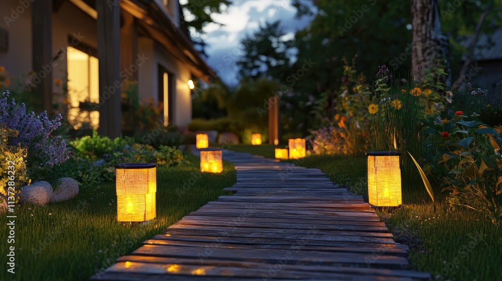 Obraz premium A front lawn with solar-powered lanterns illuminating a rustic wooden pathway