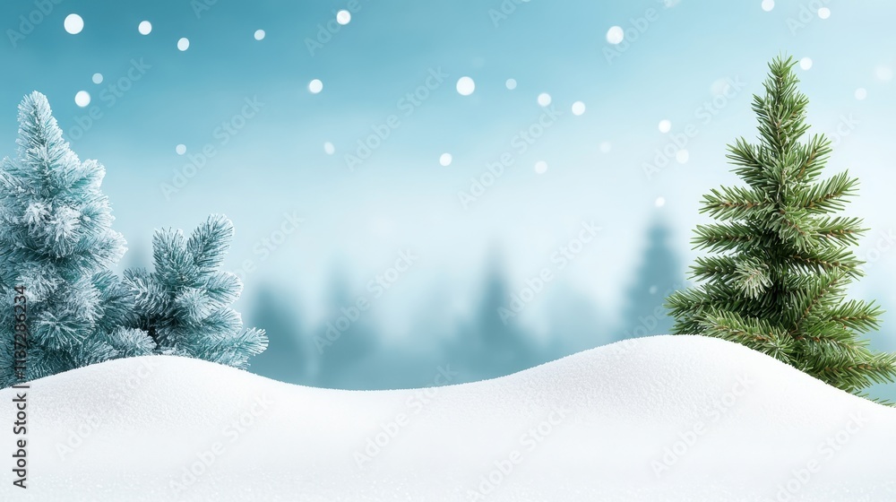 Fototapeta premium A serene winter landscape featuring snow-covered hills and evergreen trees under a soft blue sky with falling snowflakes.