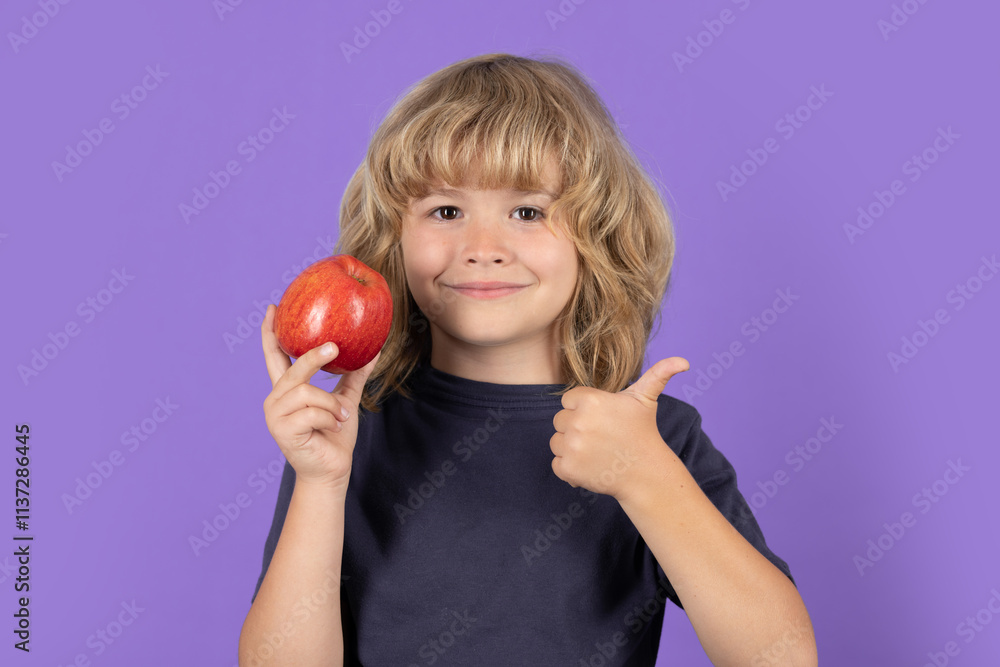 Happy smiling child girl hold apple, health. Studio portrait. Happy smiling child girl hold apple, health. Studio portrait.