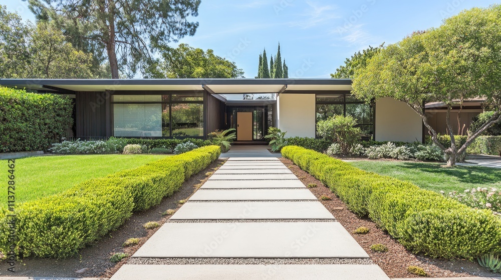 Fototapeta premium A front yard featuring a modern design with a concrete pathway and geometrically trimmed bushes