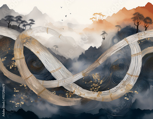 縄の形状を基にした曲線の中に、図形譜的な点、直線、破線などがリズミカルに配置され、それが幾何学模様の一部として織り込まれるデザイン