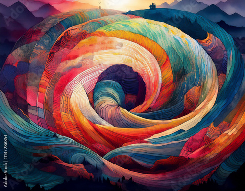 縄の形状を基にした曲線の中に、図形譜的な点、直線、破線などがリズミカルに配置され、それが幾何学模様の一部として織り込まれるデザイン