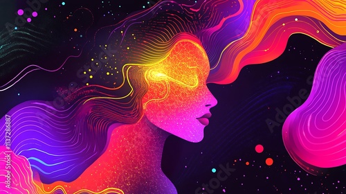 Abstract portrait of a woman with vibrant, flowing hair and cosmic energy.