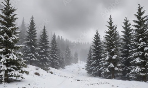 Snow-covered evergreen forest under a gray sky, winter wonderland, nature