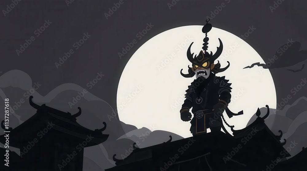 Fototapeta premium A silhouette of a warrior holding weapons on a rooftop with a full moon in the background. This artwork exudes a mysterious and dramatic vibe, perfect for Halloween or fantasy events.