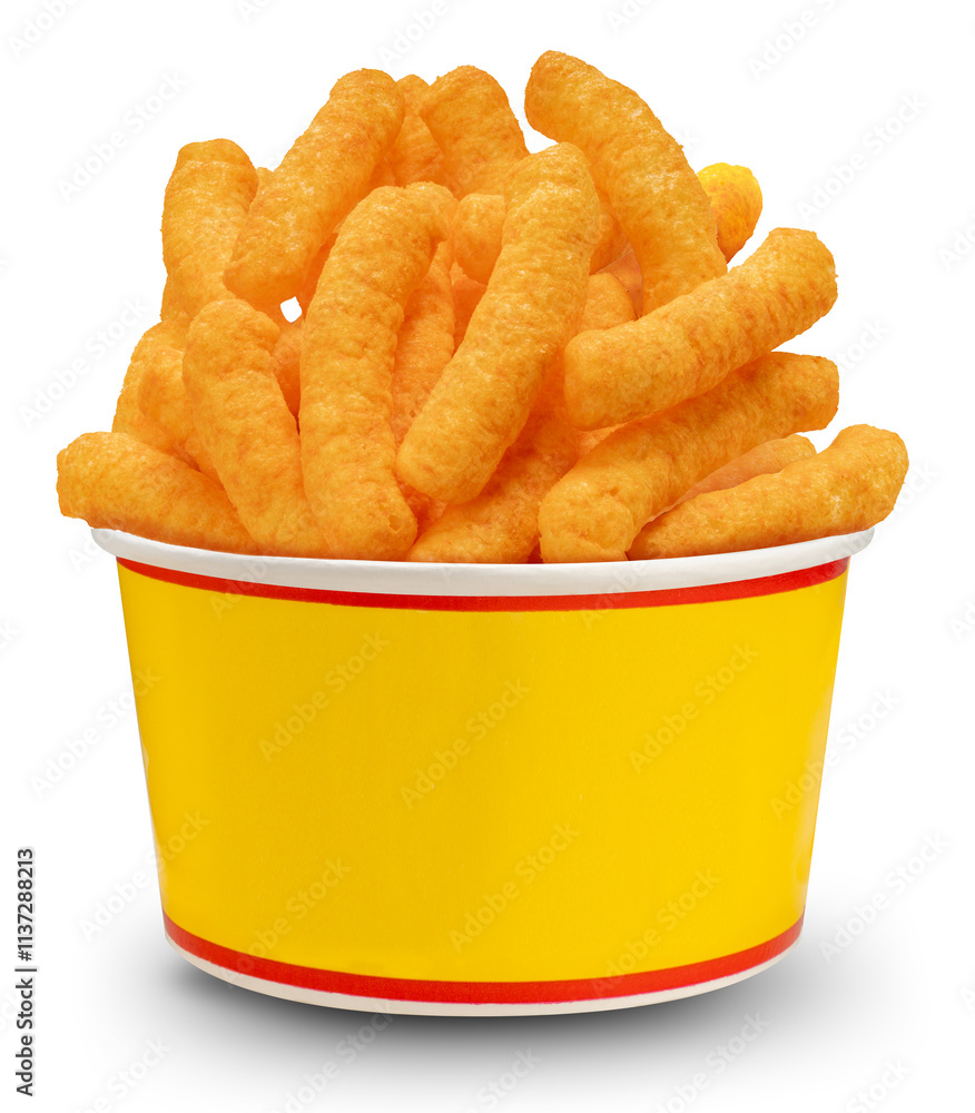 Corn snacks cheesy in paper box isolated on white background, Puff corn or Corn puffs cheese flavor on white With clipping path.