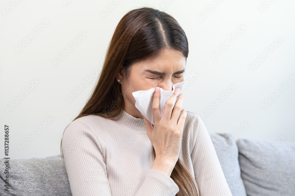 Sick, coronavirus or covid, tired asian young woman have a fever, flu and hand in use tissues paper sneezing nose, runny while sitting on sofa, couch at home. Health care with disease, pandemic virus Sick, coronavirus or covid, tired asian young woman have a fever, flu and hand in use tissues paper sneezing nose, runny while sitting on sofa, couch at home. Health care with disease, pandemic virus