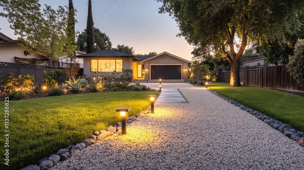 A front yard with a gravel driveway, green grass on either side, and solar-powered garden lights A front yard with a gravel driveway, green grass on either side, and solar-powered garden lights