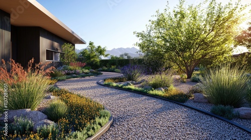 A front yard with a gravel path winding through a minimalist desert landscape design