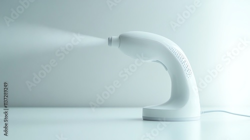 A white and black handheld garment steamer on a white table in front of a white wall.