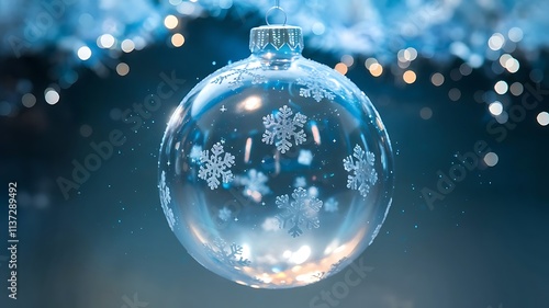 Transparent Christmas Ornament Suspended Against a Softly Blurred Dark Blue Background with Bokeh and Snowflakes photo