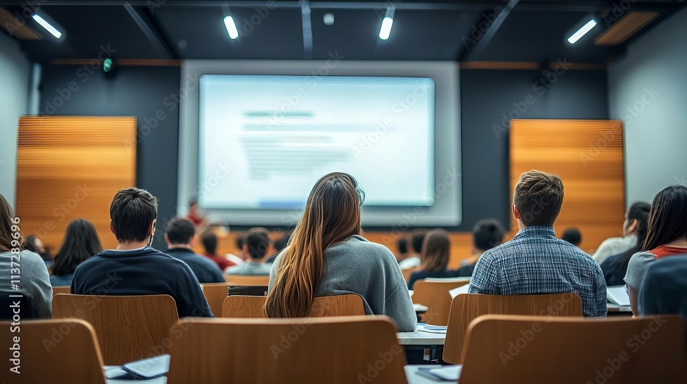 Obraz premium A diverse group of students attentively listening to a presentation in a modern lecture hall with a projector screen.