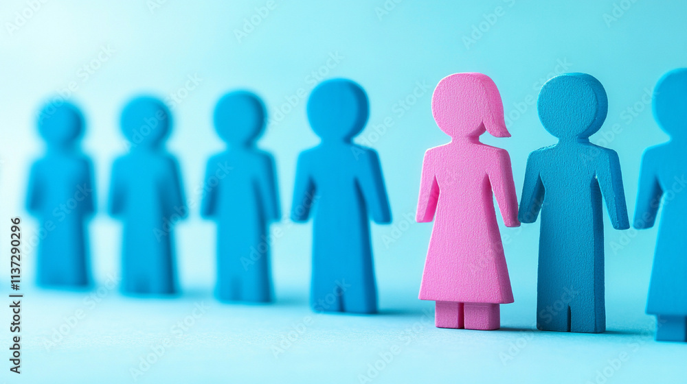 blue male figures and one pink female figure, symbolizing gender representation, individuality, and societal roles through simplicity and contrast blue male figures and one pink female figure, symbolizing gender representation, individuality, and societal roles through simplicity and contrast