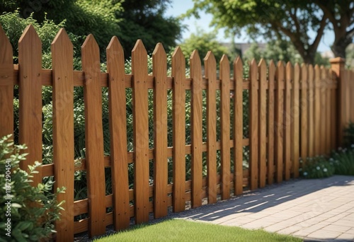 Wooden picket fence with a rich medium oak stain in a residential garden, property line, picket photo